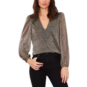 1.STATE Womens Metallic Gold Floral Puff Shoulder Blouse S Holiday Dressy Casual